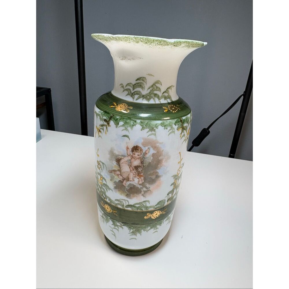 Antique Bristol English Hand Blown Art Glass Vase Cherubs Green 11 Inch